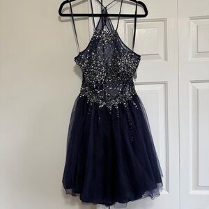 GB Stunning Navy Silver Beaded Sequins Formal Halter Dress Size 13, NWT